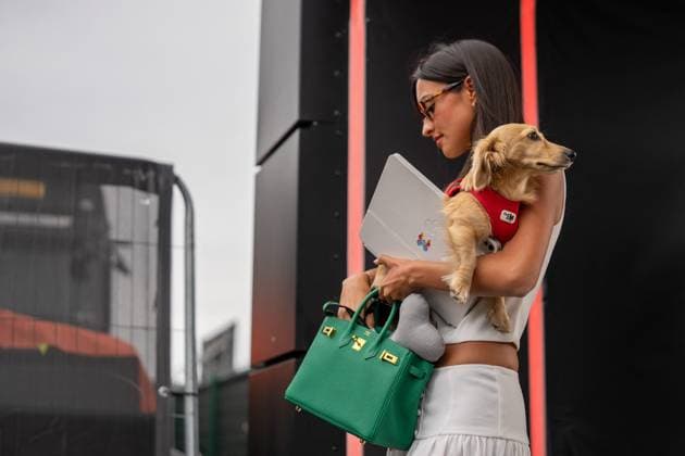 F1 British Grand Prix - UK Alexandra Saint Mleux (Far) and Leo Leclerc (Dog) during the Formula 1 Qatar Airways British Grand Prix 2025 on Friday at the Silverstone International Circuit, Silverstone, England, UK on July 4, 2025. Photo by Antoine Lapeyre ABACAPRESS.COM Silverstone England United Kingdom  Copyright: xLapeyrexAntoine ABACAx