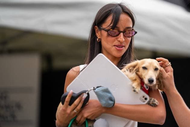 F1 British Grand Prix - UK Alexandra Saint Mleux (Far) and Leo Leclerc (Dog) during the Formula 1 Qatar Airways British Grand Prix 2025 on Friday at the Silverstone International Circuit, Silverstone, England, UK on July 4, 2025. Photo by Antoine Lapeyre ABACAPRESS.COM Silverstone England United Kingdom  Copyright: xLapeyrexAntoine ABACAx