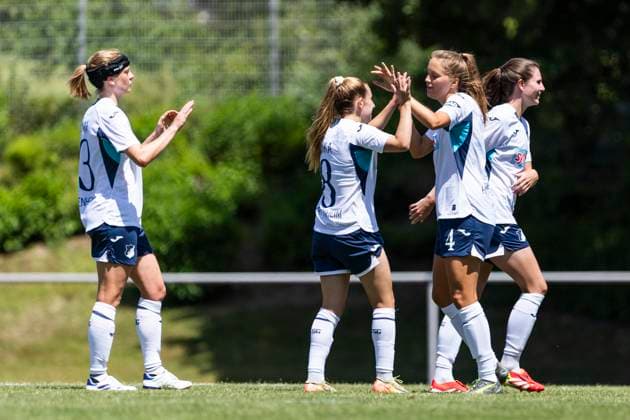 Test match women TSG 1899 Hoffenheim Bayer 04 Leverkusen 04 07 2025 Cheering after the goal to 1 0 by Lisann Kaut TSG 1899 Hoffenheim, 4 in the test match between the womens teams of TSG 1899 Hoffenheim and Bayer 04 Leverkusen on 04 07 2025 at the school stadium in Westerburg Copyright: xBEAUTIFULxSPORTS Meuselx