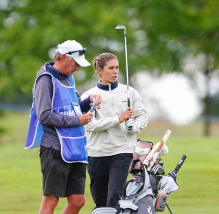 4th July 2025; The O& x2019;Meara Course at Carton House, Maynooth, County Kildare, Ireland; KPMG Womens Irish Open Golf, Round 2; Blanca Fernandez of Spain discusses the yardage for her second shot on the 11th hole  ActionPlus12808622 PeterxFitzpatrick