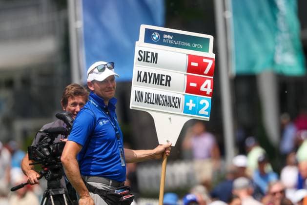 scorerboard, Marcel Siem GER , Martin Kaymer GER , Nicolai von Dellingshausen GER , 36 BMW International Open 2025, Golf, DP World Tour, Men, Round 2, 04 07 2025 Eichenried Bayern Germany Copyright: xkolbert-press ChristianxKolbertx