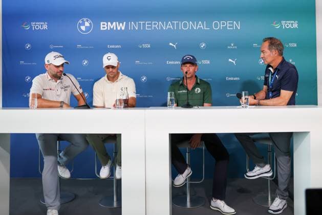Press conference, l r Nicolai von Dellingshausen GER , Martin Kaymer GER , Marcel Siem GER , Moderator Ralf Exel, 36 BMW International Open 2025, Golf, DP World Tour, Men, Round 2, 04 07 2025 Eichenried Bayern Germany Copyright: xkolbert-press ChristianxKolbertx