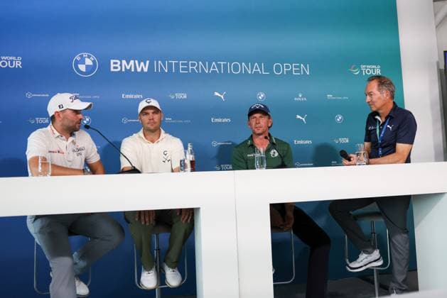 Press conference, l r Nicolai von Dellingshausen GER , Martin Kaymer GER , Marcel Siem GER , Moderator Ralf Exel, 36 BMW International Open 2025, Golf, DP World Tour, Men, Round 2, 04 07 2025 Eichenried Bayern Germany Copyright: xkolbert-press ChristianxKolbertx