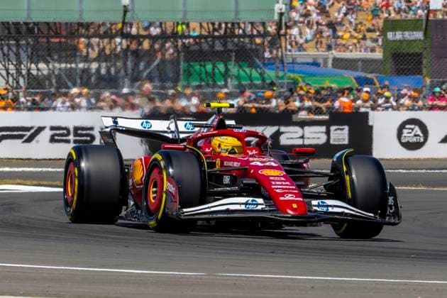 4th July 2025; Silverstone Circuit, Northamptonshire, England; Formula 1 2025 Qatar Airways British F1 Grand Prix; Free Practice Day; Scuderia Ferrari HP driver Lewis Hamilton in his Ferrari SF-25 Ferrari 066 15 in front of packed grandstands was fastest during free practice 1  ActionPlus12808864 TimxWilliams