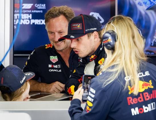 SILVERSTONE - Christian Horner (Red Bull Racing) and Max Verstappen (Red Bull Racing) prior to 2nd free practice at the Silverstone circuit ahead of the Great Britain Grand Prix. ANP SEM VAN DER WAL xVIxANPxSportx xxANPxIVx 530935422 originalFilename: 530935422.jpg