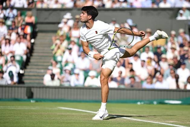Carlos Alcaraz, ESP, during third round of 2025 All England Lawn Tennis Championships at Wimbledon, mens singles, London, 04 07 2025