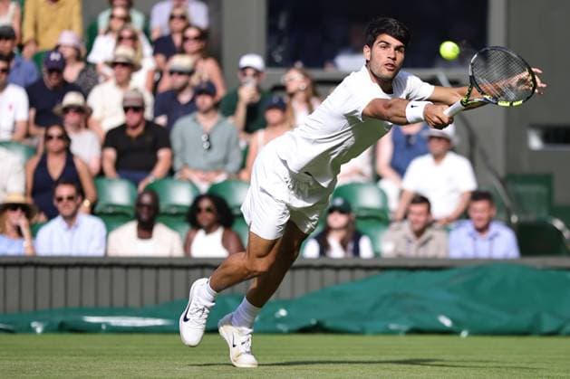 Carlos Alcaraz, ESP, during third round of 2025 All England Lawn Tennis Championships at Wimbledon, mens singles, London, 04 07 2025