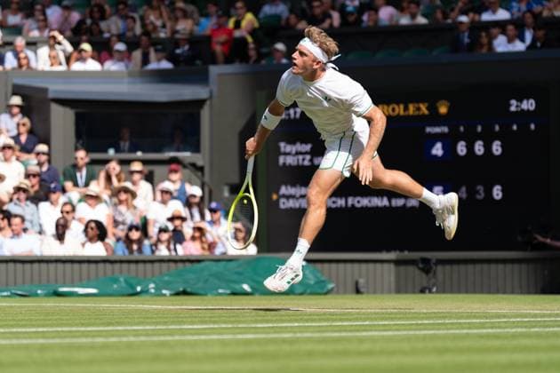 2025-07-04 Wimbledon 2025 LONDON, ENGLAND - JULY 4: Alejandro Davidovich Fokina of Spain during Wimbledon 2025 at All England Lawn Tennis & Croquet Club on July 4, 2025 in London, England. London All England Lawn Tennis & Croquet Club England Content not available for redistribution in The Netherlands directly or indirectly through any third parties. Copyright: xMarleenxFouchierx