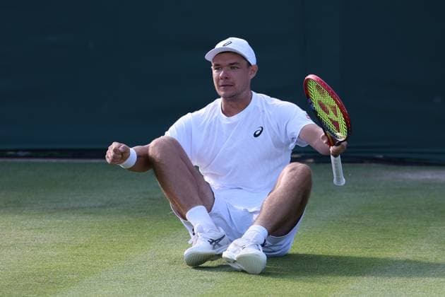 July 4, 2025, London, Celestynow, England: KAMIL MAJCHRZAK of Poland celebrates winning the match against A. Rinderknech of France in the third round of Championships 2025 at Wimbledon AELTC in London. London England - ZUMAc278 20250704_zsp_c278_016 Copyright: xMarcinxCholewinskix