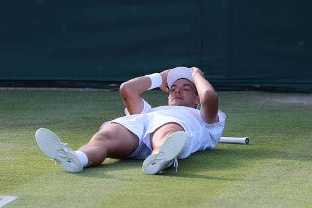 July 4, 2025, London, Celestynow, England: KAMIL MAJCHRZAK of Poland celebrates winning the match against A. Rinderknech of France in the third round of Championships 2025 at Wimbledon AELTC in London. London England - ZUMAc278 20250704_zsp_c278_018 Copyright: xMarcinxCholewinskix