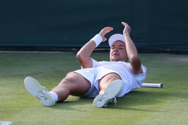 July 4, 2025, London, Celestynow, England: KAMIL MAJCHRZAK of Poland celebrates winning the match against A. Rinderknech of France in the third round of Championships 2025 at Wimbledon AELTC in London. London England - ZUMAc278 20250704_zsp_c278_019 Copyright: xMarcinxCholewinskix