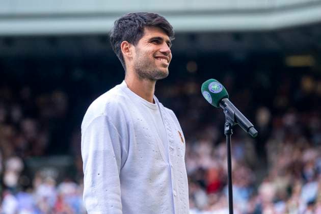 Carlos Alcaraz after winning the Wimbledon 2025 Men?s Singles third round tennis match against Jan-Lennard Struff at the All England Tennis Club in London, England (Richard Callis SPP) Copyright: xRichardxCallis SPPx spp-en-RiCa-SPP25_richiecallis_040725_18892