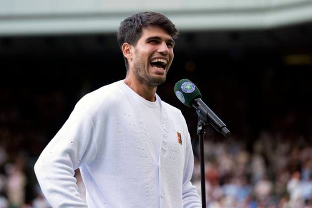 Carlos Alcaraz after winning the Wimbledon 2025 Men?s Singles third round tennis match against Jan-Lennard Struff at the All England Tennis Club in London, England (Richard Callis SPP) Copyright: xRichardxCallis SPPx spp-en-RiCa-SPP25_richiecallis_040725_18923