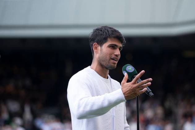 Carlos Alcaraz after winning the Wimbledon 2025 Men?s Singles third round tennis match against Jan-Lennard Struff at the All England Tennis Club in London, England (Richard Callis SPP) Copyright: xRichardxCallis SPPx spp-en-RiCa-SPP25_richiecallis_040725_18931