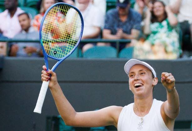 Belgian Elise Mertens celebrates after winning a tennis match between Belgian Mertens and Ukrainian Svitolina, in the third round of the women s singles at the 2025 Wimbledon grand slam tournament, Friday 04 July 2025 at the All England Tennis Club, in South-West London, Britain. BENOITxDOPPAGNE  x128434813x