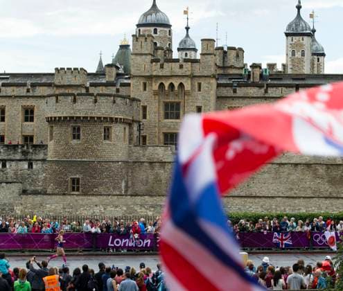 August 4, 2012 - London, England, United Kingdom - The Olympic Marathon passes by a rain soaked London Tower castle. Copyright: xDanxAndersonx