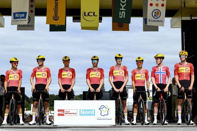 Uno-X Mobility riders pictured ahead of the first stage, Lille Metropole to Lille Metropole (185 km), of the 2025 Tour de France cycling race, in Lille, France, on Saturday 05 July 2025. The 112th edition of the Tour de France starts on Saturday 5 July in Lille, France, and will finish in Paris, France on the 27th of July. DAVIDxPINTENS  x128469225x