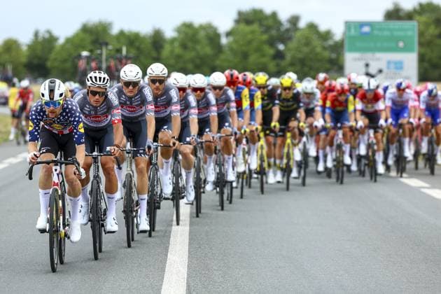 US Quinn Simmons of Lidl-Trek leads the pack of riders during the first stage, Lille Metropole to Lille Metropole (185 km), of the 2025 Tour de France cycling race, in Lille, France, on Saturday 05 July 2025. The 112th edition of the Tour de France starts on Saturday 5 July in Lille, France, and will finish in Paris, France on the 27th of July. DAVIDxPINTENS  x128475960x