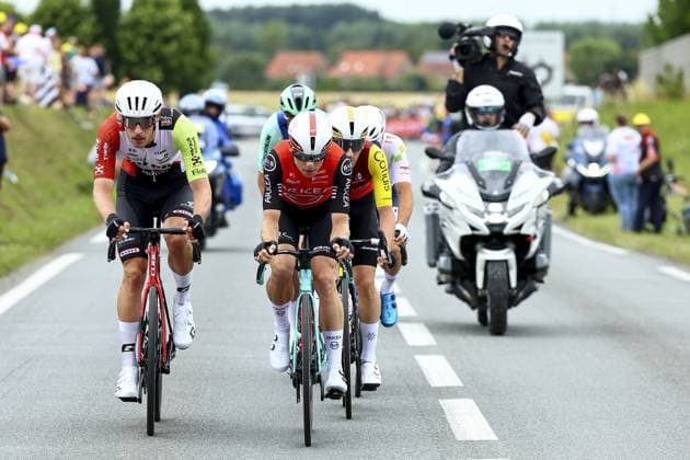 The breakaway group pictured during the first stage, Lille Metropole to Lille Metropole (185 km), of the 2025 Tour de France cycling race, in Lille, France, on Saturday 05 July 2025. The 112th edition of the Tour de France starts on Saturday 5 July in Lille, France, and will finish in Paris, France on the 27th of July. DAVIDxPINTENS  x128476040x