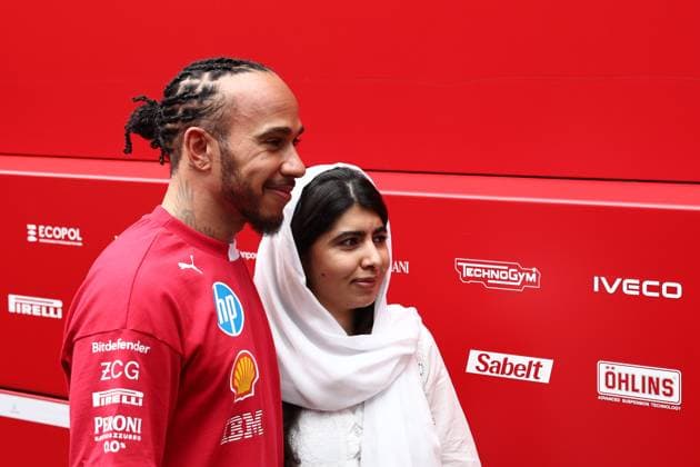F1 British Grand Prix 2024 Practice 3 Lewis Hamilton of Ferrari and Malala Yousafzai after third practice ahead of the Formula 1 British Grand Prix at Silverstone Circuit in Northampton, Great Britain on July 5, 2024. Northampton United Kingdom  Copyright: xJakubxPorzyckix originalFilename:porzycki-f1britis250705_np6uM.jpg
