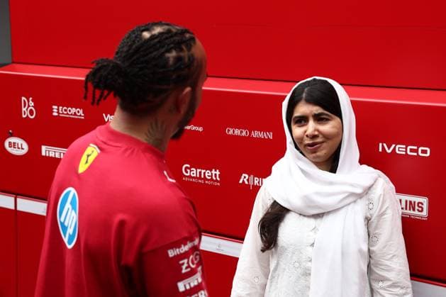 F1 British Grand Prix 2024 Practice 3 Lewis Hamilton of Ferrari and Malala Yousafzai after third practice ahead of the Formula 1 British Grand Prix at Silverstone Circuit in Northampton, Great Britain on July 5, 2024. Northampton United Kingdom  Copyright: xJakubxPorzyckix originalFilename:porzycki-f1britis250705_npP9j.jpg