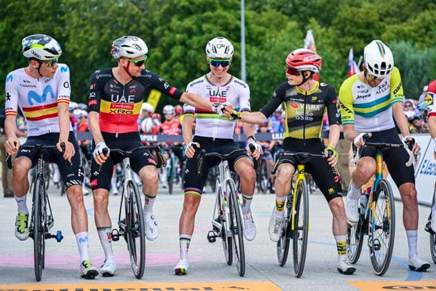 Tour de France 2025 Stage 1 LILLE METROPOLE, FRANCE - JULY 05 : Wellens Tim (BEL) of UAE Team Emirates - XRG, Pogacar Tadej (SLO) of UAE Team Emirates - XRG, Vingegaard Jonas (DEN) of Team Visma - Lease a Bike at the start line during stage 1 of the 112th edition of Tour de France an UCI World Tour 2.UWT cycling road race stage for Men Elite of 185 km with start in Lille Metropole and finish in Lille Metropole on July 5, 2025 in Lille Metropole, France, 05 07 2025 ( Motordriver Kenny Verfaillie - Lille Metropole France  Copyright: xJanxDexMeuleneirx