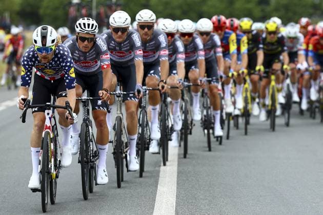 US Quinn Simmons of Lidl-Trek leads the pack of riders during the first stage, Lille Metropole to Lille Metropole (185 km), of the 2025 Tour de France cycling race, in Lille, France, on Saturday 05 July 2025. The 112th edition of the Tour de France starts on Saturday 5 July in Lille, France, and will finish in Paris, France on the 27th of July. DAVIDxPINTENS  x128476841x