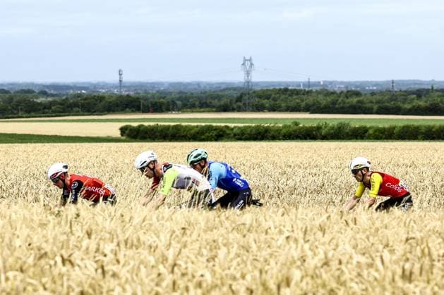 The breakaway group pictured during the first stage, Lille Metropole to Lille Metropole (185 km), of the 2025 Tour de France cycling race, in Lille, France, on Saturday 05 July 2025. The 112th edition of the Tour de France starts on Saturday 5 July in Lille, France, and will finish in Paris, France on the 27th of July. DAVIDxPINTENS  x128477391x