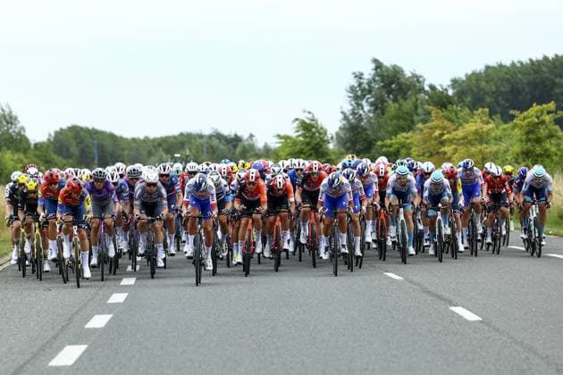 The pack of riders pictured in action during the first stage, Lille Metropole to Lille Metropole (185 km), of the 2025 Tour de France cycling race, in Lille, France, on Saturday 05 July 2025. The 112th edition of the Tour de France starts on Saturday 5 July in Lille, France, and will finish in Paris, France on the 27th of July. DAVIDxPINTENS  x128479355x