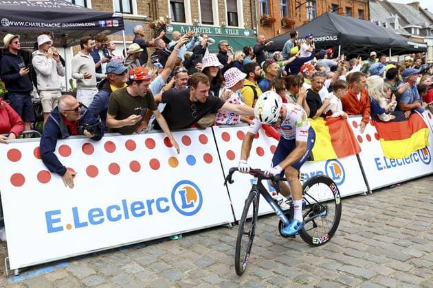French Matteo Vercher of TotalEnergies pictured after a crash during the first stage, Lille Metropole to Lille Metropole (185 km), of the 2025 Tour de France cycling race, in Lille, France, on Saturday 05 July 2025. The 112th edition of the Tour de France starts on Saturday 5 July in Lille, France, and will finish in Paris, France on the 27th of July. DAVIDxPINTENS  x128481647x