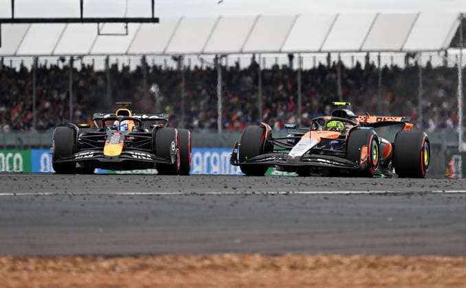 (250705) -- SLIVERSTONE, July 5, 2025 -- McLaren s driver Lando Norris (R) of Britain and Red Bull Racing s driver Max Verstappen of the Netherlands drive during Practice 3 of the Formula One British Grand Prix 2025 at the Silverstone Circuit, in Sliverstone, Britain, July 5, 2025. ) (SP)BRITAIN-SILVERSTONE-F1-BRITISH GRAND PRIX-PRACTICE WuxLu 