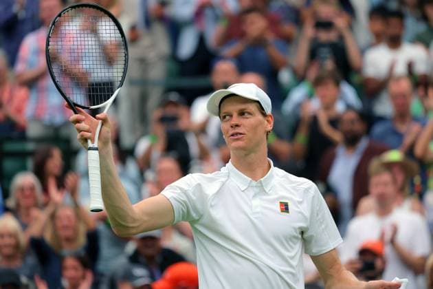 5th July 2025; All England Lawn Tennis and Croquet Club, London, England; Wimbledon Tennis Tournament, Day 6; Jannik Sinner (ITA) celebrates after defeating Pedro Martinez (ESP) 6-1 6-3 6-1  ActionPlus12809685 JohnxPatrickxFletcher