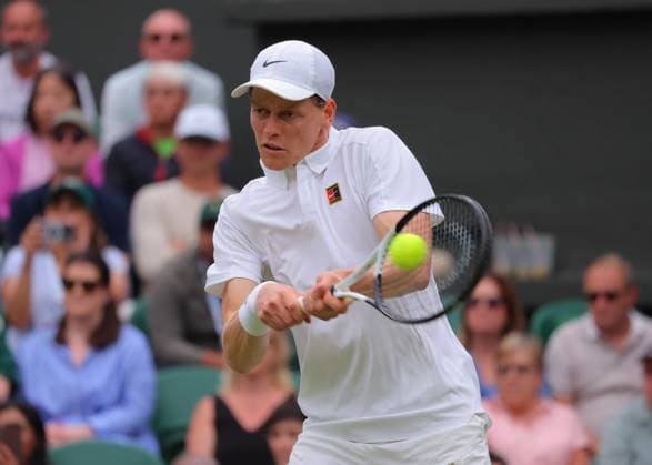 5th July 2025; All England Lawn Tennis and Croquet Club, London, England; Wimbledon Tennis Tournament, Day 6; Jannik Sinner (ITA) with a backhand shot to Pedro Martinez (ESP)  ActionPlus12809687 JohnxPatrickxFletcher