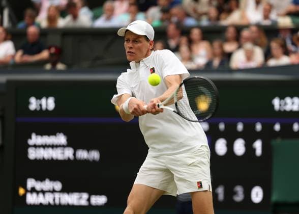 5th July 2025; All England Lawn Tennis and Croquet Club, London, England; Wimbledon Tennis Tournament, Day 6; Jannik Sinner (ITA) with a backhand shot to Pedro Martinez (ESP)  ActionPlus12809692 JohnxPatrickxFletcher