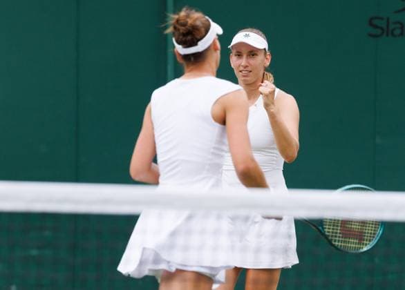 Russian Veronika Kudermetova and Belgian Elise Mertens pictured during a doubles tennis match against Czech-Kazakh pair Bouzkova-Danilina, in the second round of the women s doubles at the 2025 Wimbledon grand slam tournament, Saturday 05 July 2025 at the All England Tennis Club, in South-West London, Britain. BENOITxDOPPAGNE  x128486932x