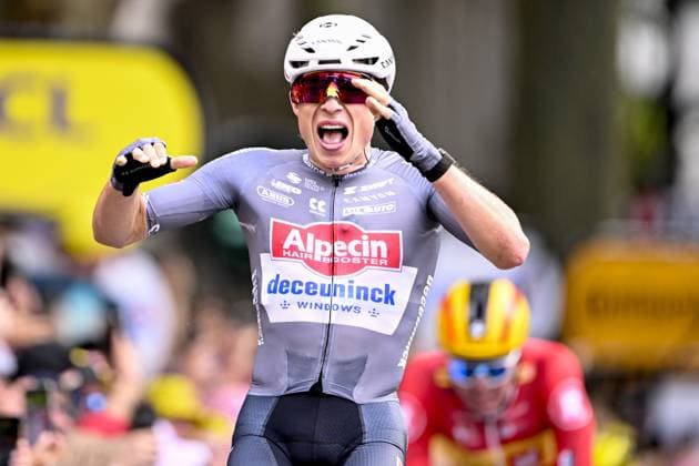 Belgian Jasper Philipsen of Alpecin-Deceuninck celebrates after winning the first stage, Lille Metropole to Lille Metropole (185 km), of the 2025 Tour de France cycling race, in Lille, France, on Saturday 05 July 2025. The 112th edition of the Tour de France starts on Saturday 5 July in Lille, France, and will finish in Paris, France on the 27th of July. JASPERxJACOBS  x128487592x
