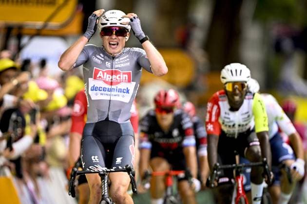 Belgian Jasper Philipsen of Alpecin-Deceuninck celebrates after winning the first stage, Lille Metropole to Lille Metropole (185 km), of the 2025 Tour de France cycling race, in Lille, France, on Saturday 05 July 2025. The 112th edition of the Tour de France starts on Saturday 5 July in Lille, France, and will finish in Paris, France on the 27th of July. JASPERxJACOBS  x128487628x