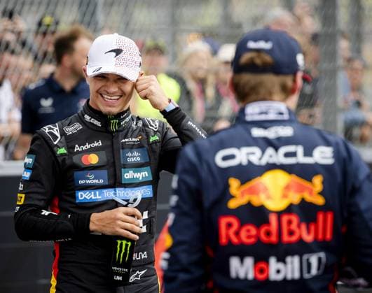 SILVERSTONE - Lando Norris (McLaren) and Max Verstappen (Red Bull Racing) after qualifying at the Silverstone circuit ahead of the Great Britain Grand Prix. ANP SEM VAN DER WAL xVIxANPxSportx xxANPxIVx 530988040 originalFilename: 530988040.jpg