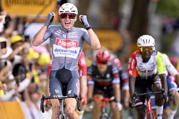 Belgian Jasper Philipsen of Alpecin-Deceuninck celebrates after winning the first stage, Lille Metropole to Lille Metropole (185 km), of the 2025 Tour de France cycling race, in Lille, France, on Saturday 05 July 2025. The 112th edition of the Tour de France starts on Saturday 5 July in Lille, France, and will finish in Paris, France on the 27th of July. JASPERxJACOBS  x128488535x