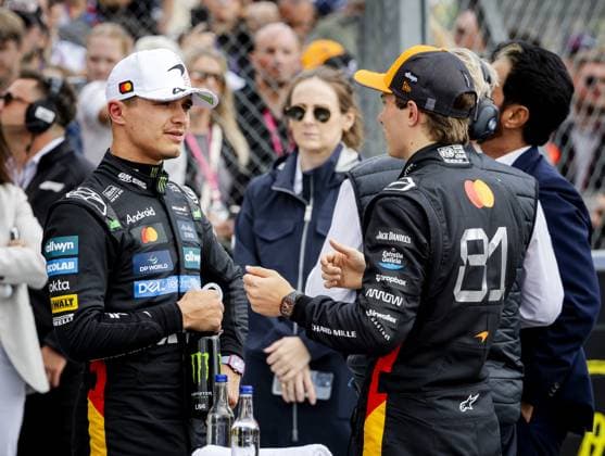 SILVERSTONE - Lando Norris (McLaren) and Oscar Piastri (McLaren) after qualifying at the Silverstone circuit ahead of the Great Britain Grand Prix. ANP SEM VAN DER WAL xVIxANPxSportx xxANPxIVx 530988102 originalFilename: 530988102.jpg