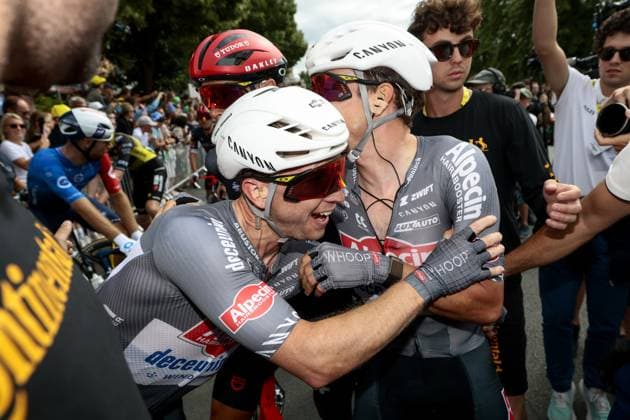 Belgian Jasper Philipsen of Alpecin-Deceuninck celebrates after winning the first stage, Lille Metropole to Lille Metropole (185 km), of the 2025 Tour de France cycling race, in Lille, France, on Saturday 05 July 2025. The 112th edition of the Tour de France starts on Saturday 5 July in Lille, France, and will finish in Paris, France on the 27th of July. POOLxLUCAxBETTINI  x128488916x