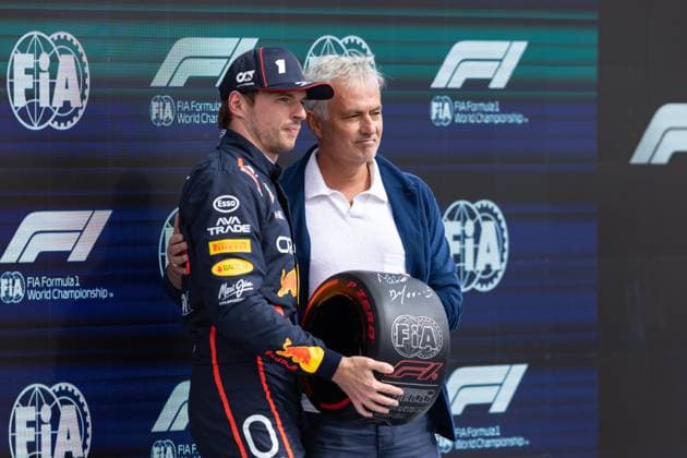 F1 - BRITISH GRAND PRIX 2025 VERSTAPPEN Max (ned), Red Bull Racing RB21, portrait, JosÃ Mourinho, portrait, during the Formula 1 Qatar Airways British Grand Prix 2025, 12th round of the 2025 FIA Formula One World Championship, WM, Weltmeisterschaft from July 4 to 6, 2025 on the Silverstone Circuit, in Silverstone, United Kingdom - SilverstoneUnited Kingdom  Copyright: xDPPIx