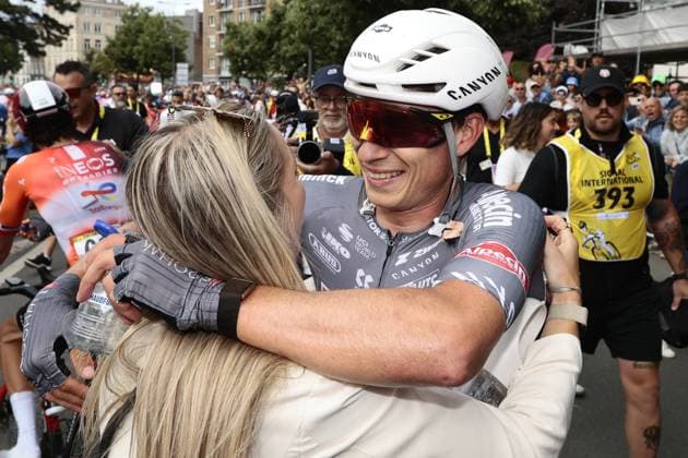 Belgian Jasper Philipsen of Alpecin-Deceuninck celebrates after winning the first stage, Lille Metropole to Lille Metropole (185 km), of the 2025 Tour de France cycling race, in Lille, France, on Saturday 05 July 2025. The 112th edition of the Tour de France starts on Saturday 5 July in Lille, France, and will finish in Paris, France on the 27th of July. POOLxLUCAxBETTINI  x128489014x