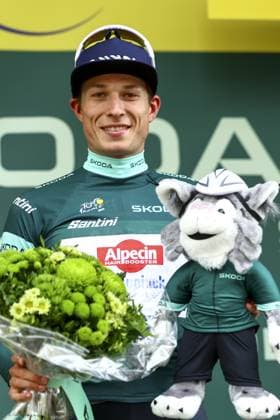 Belgian Jasper Philipsen of Alpecin-Deceuninck celebrates in the green jersey of leader in the points ranking after the first stage, Lille Metropole to Lille Metropole (185 km), of the 2025 Tour de France cycling race, in Lille, France, on Saturday 05 July 2025. The 112th edition of the Tour de France starts on Saturday 5 July in Lille, France, and will finish in Paris, France on the 27th of July. DAVIDxPINTENS  x128489464x