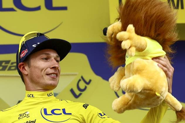 Belgian Jasper Philipsen of Alpecin-Deceuninck celebrates in the yellow jersey of leader in the overall ranking after the first stage, Lille Metropole to Lille Metropole (185 km), of the 2025 Tour de France cycling race, in Lille, France, on Saturday 05 July 2025. The 112th edition of the Tour de France starts on Saturday 5 July in Lille, France, and will finish in Paris, France on the 27th of July. DAVIDxPINTENS  x128489622x