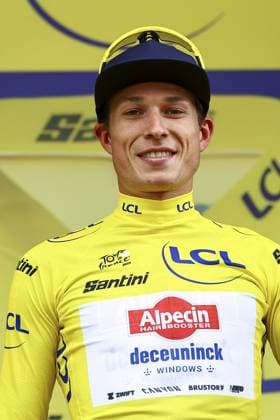 Belgian Jasper Philipsen of Alpecin-Deceuninck celebrates in the yellow jersey of leader in the overall ranking after the first stage, Lille Metropole to Lille Metropole (185 km), of the 2025 Tour de France cycling race, in Lille, France, on Saturday 05 July 2025. The 112th edition of the Tour de France starts on Saturday 5 July in Lille, France, and will finish in Paris, France on the 27th of July. DAVIDxPINTENS  x128489640x