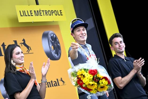 Belgian Jasper Philipsen of Alpecin-Deceuninck celebrates in the yellow jersey of leader in the overall ranking after the first stage, Lille Metropole to Lille Metropole (185 km), of the 2025 Tour de France cycling race, in Lille, France, on Saturday 05 July 2025. The 112th edition of the Tour de France starts on Saturday 5 July in Lille, France, and will finish in Paris, France on the 27th of July. JASPERxJACOBS  x128489926x