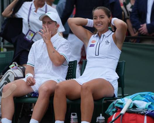 Tennis - 2025 Wimbledon Championships - Womes Doubles - 2nd round - Jodie Burrage and Sonay Kartal v Beatriz Haddad Maia and Laura Siegemund All England Lawn Tennis & Croquet Club - Friday 5th July 2025 Jodie Burrage and Sonay Kartal of GBR 