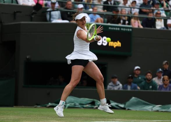 5th July 2025; All England Lawn Tennis and Croquet Club, London, England; Wimbledon Tennis Tournament, Day 6; Barbora Krejcikova (CZE) with a forehand shot to Emma Navarro (USA)  ActionPlus12809920 JohnxPatrickxFletcher