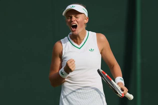 Belgian Jeline Vandromme reacts during a tennis match against Spanish Torner-Sensano, in the first round of the girls singles at the 2025 Wimbledon grand slam tournament, Saturday 05 July 2025 at the All England Tennis Club, in South-West London, Britain. BENOITxDOPPAGNE  x128493865x